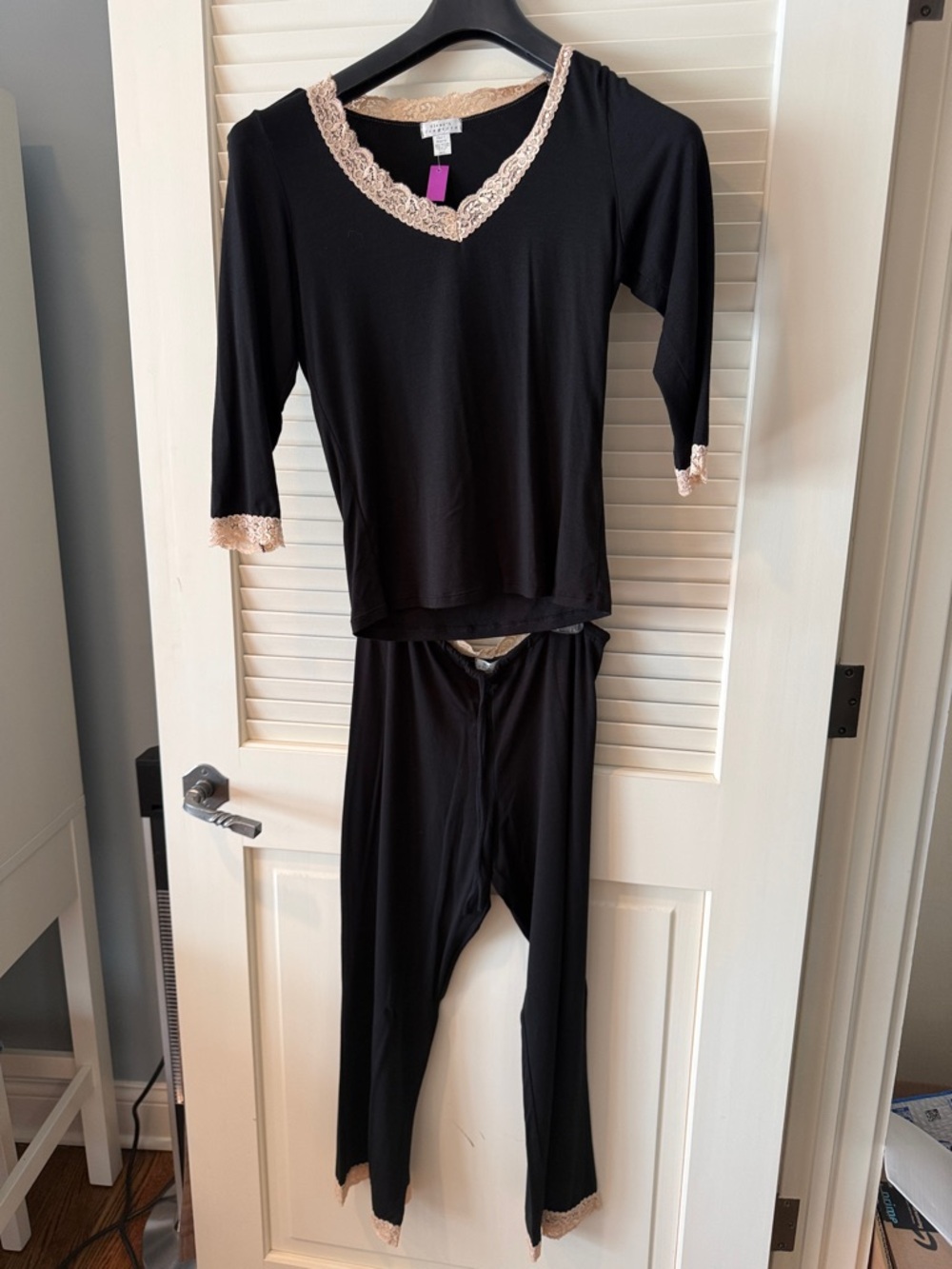 Fleur’t lingerie Black Pajama Set with Cream Lace Trim